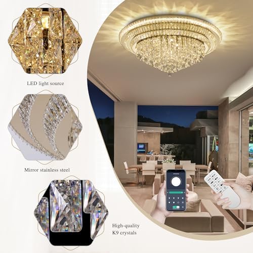 40" Flush Mount Crystal Chandeliers with Remote and APP,Gold Ceiling Lights