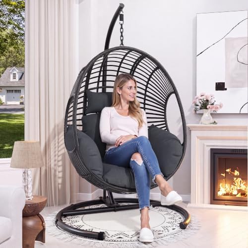 Oversized Hanging Egg Chair with Stand Outdoor Wicker Swing Chair Comfy Hammock Egg Shaped Chair 400lbs Capacity for Patio, Garden and Balcony