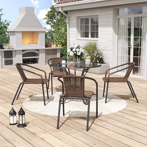 UDPATIO Rattan Patio Dining Chairs Set of 4, Wicker Stackable Outdoor Chairs with All Weather Curved Back & Metal Frame, for Indoor Restaurant Porch Deck, Brown