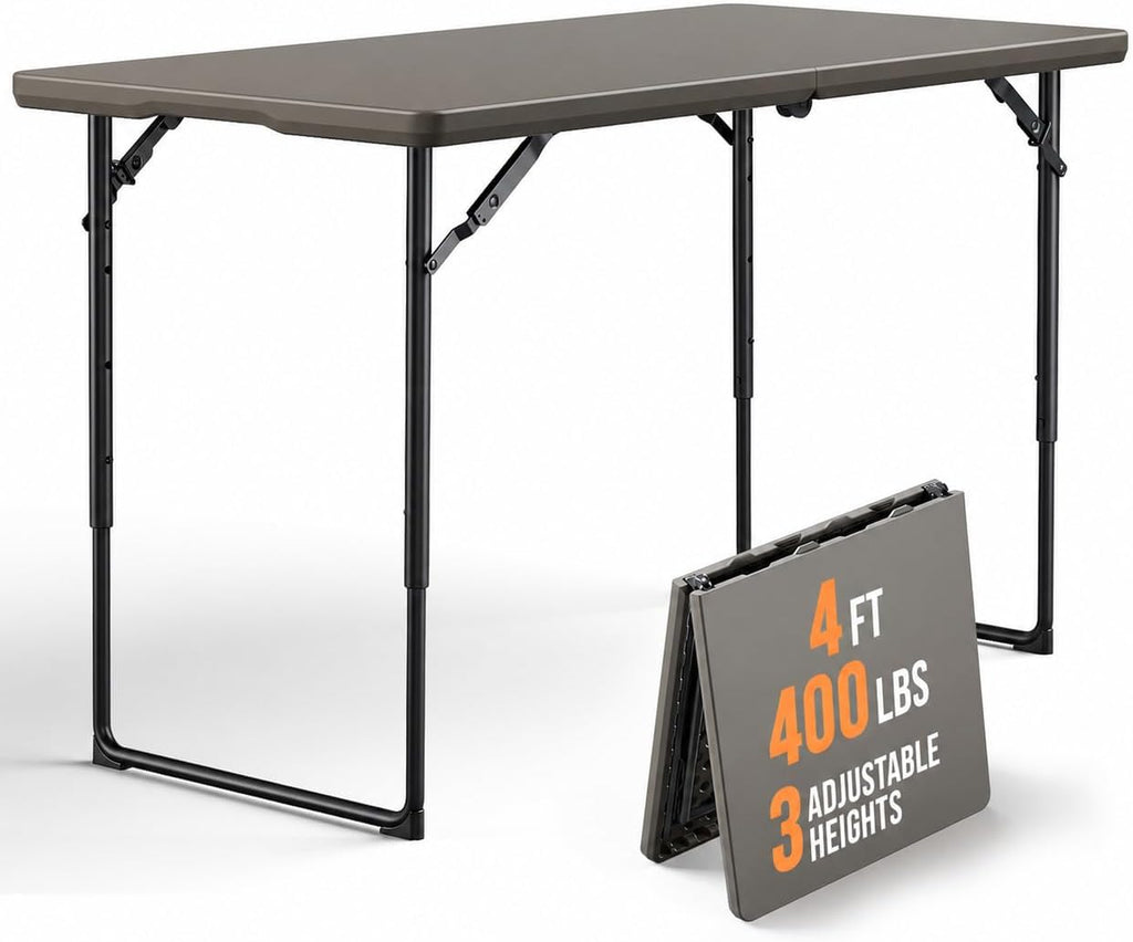 Folding Table 4FT Heavy Duty Plastic Table with Handle, Foldable&Portable, Fold-in-Half Utility Tables for Outdoor, Dining, Wedding, Events, Indoor, Picnic, Camping, Party, Khaki