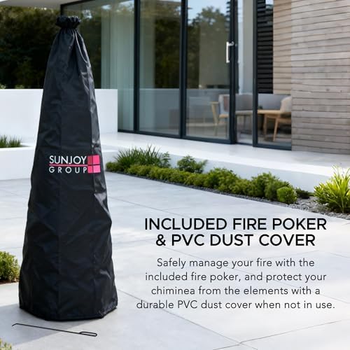 SUNJOY 57 Inch 2-in-1 Chiminea Fire Pit & Grill - Grey Metal Outdoor Chiminea with Removable Stainless Steel Grill Grate, PVC Cover, and Mesh Safety Screen Door