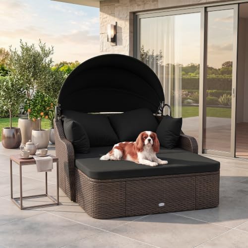 Tangkula PE Rattan Patio Daybed with Retractable Canopy, Double Lounge Bed