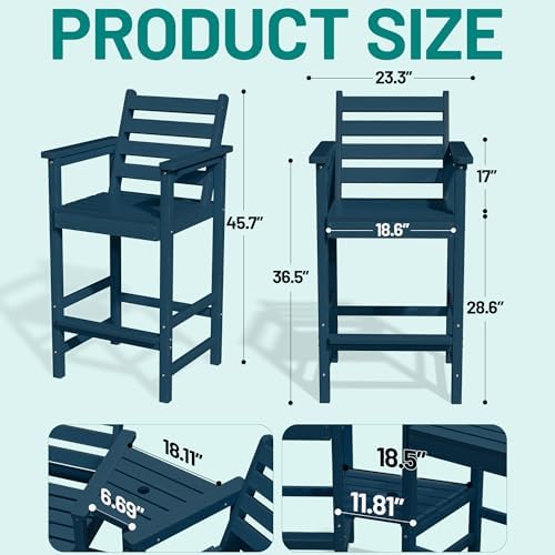 PLUUV Tall Adirondack Chairs Set of 2 with Double Connecting Trays,Navy