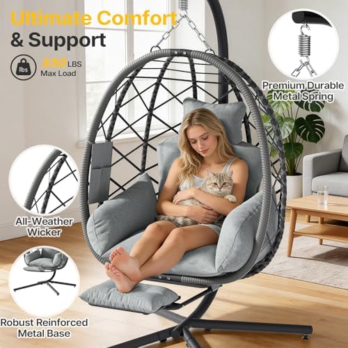 Suteck Hanging Egg Chair with Adjustable Footrest & Stand, Grey