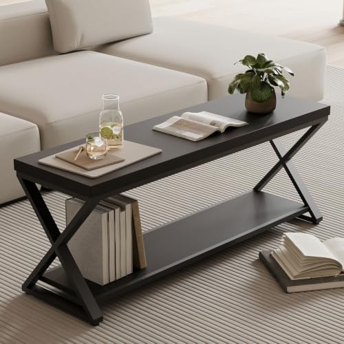 IBF Rustic Entryway Bench with Storage, Black Wood and Metal Bench