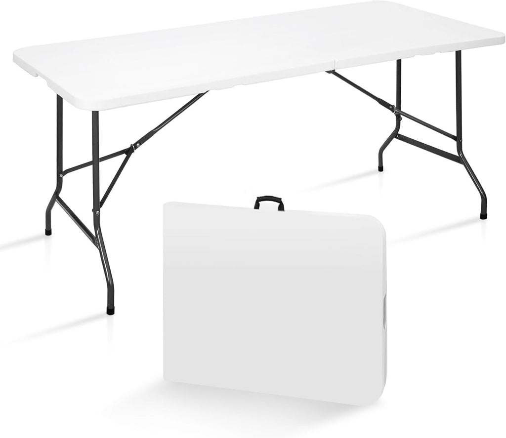 SUPER DEAL 6FT Folding Table for Indoor Outdoor, Portable Heavy Duty Fold-in-Half Plastic Dining Picnic Party Camping Table with Carrying Handle