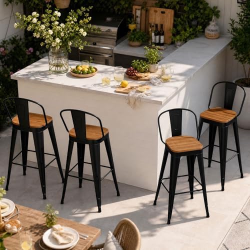 Outdoor Metal Bar Stools Set of 4,24 inch Barstools Counter Height Bar Stool with High Back Farmhouse Kitchen Dining Chairs Bar Funiture for Outside