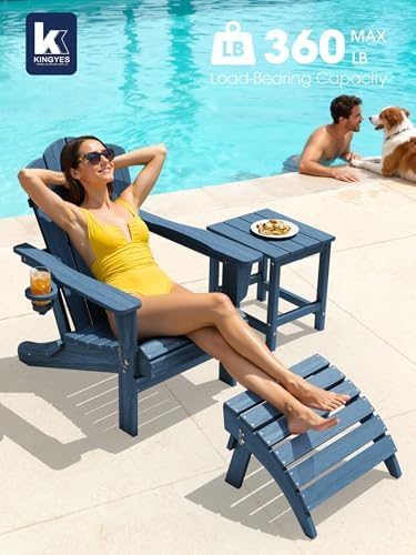KINGYES Folding Adirondack Chair Set of 2 with Cup Holder, Navy