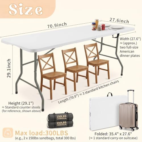 Set of 2 Folding Table 6 FT Lightweight Camping Table White Portable Plastic Rectangular Outdoor Dining Table Steel Legs Fold-in-Half with Carrying Handle for Indoor,Picnic,Party,Wedding,Events