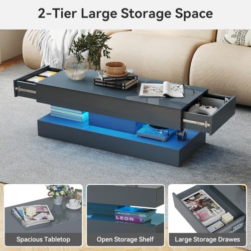 Verano Garden 47" High Gloss LED Coffee Table, Large Storage Center Table
