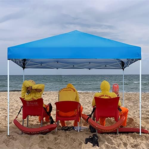 JupiterForce 10 x 10 Pop Up Height Adjustable Canopy Tent Sun Protection Waterproof Instant Shelter Portable Folding Canopy with Ropes Stakes Roller Carry Bag, Blue