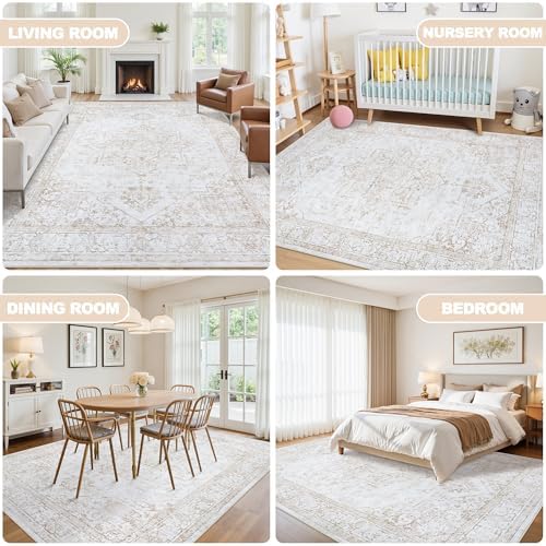 10x14 Washable Area Rugs for Living Room Beige Non-Slip Rug
