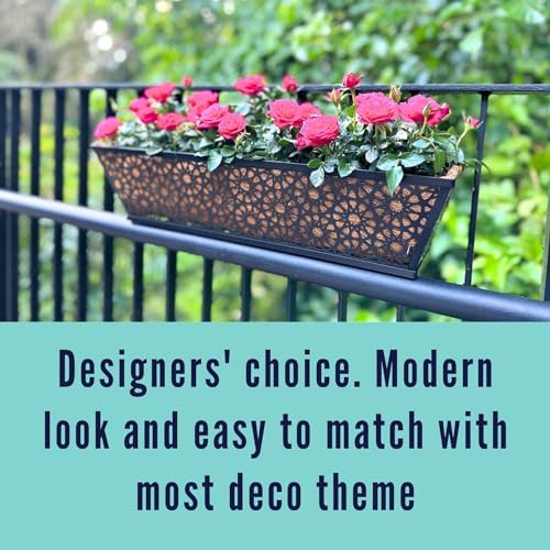 LaLaGreen Window Planter Boxes Outdoor (24 Inch, 4 Pack) Large Fence Hanging Planters Outdoor Plants, Metal Deck Railing Flower Box with Coco Liner, Modern Horse Troughs Balcony Pots Patio Porch Rail
