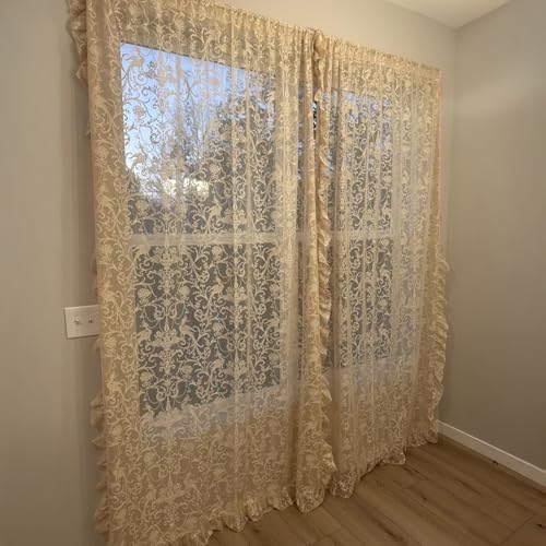 TUDECO Beige Lace Ruffle Curtains 80 Inch Length, Rustic Floral 2 Panels
