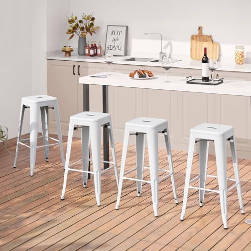 Yaheetech 30 Inch Metal Bar Stools Set of 4, Stackable Barstools, White