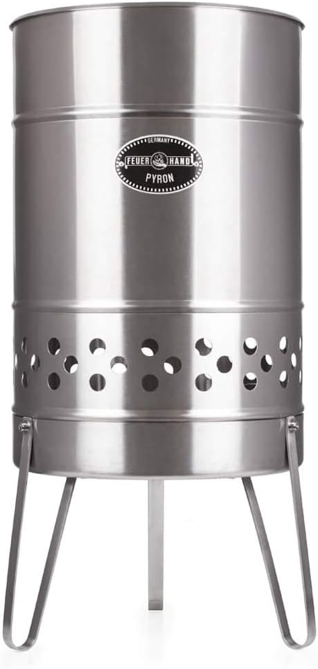 Feuerhand Fire Barrel Pyron, Stainless Steel Double-Walled Fire Pit for Yard or Patio, Feet Protect Ground Surface, 29" High, Great for Cooking Outdoors