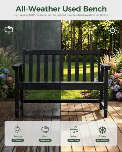 48" HDPE Weatherproof Outdoor Bench, Garden Porch Benches, Black