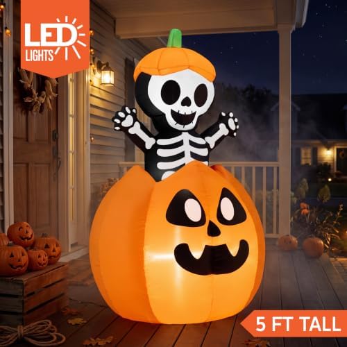 Joiedomi 5FT Halloween Animated Inflatables Outdoor Decorations, Inflatable Skeleton On Pumpkin with LEDs, Cute Blow Up Pumpkin Skeleton Decor for Outside Yard Indoor Lawn Garden Party Decoration