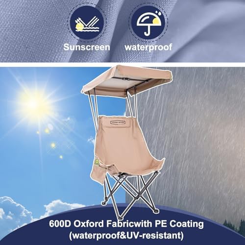 YOUNG WOOD Portable Camping Chair Beach Chair with Shade Canopy, Fold Lightweight Oversized Suit for All, Easy to Open,Close Without Installation, Side Pocket Design for All Outdoor Activities,Khaki
