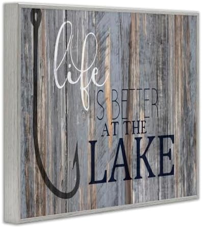 Stupell Industries Life Better Lake Quote Fish Lakehouse Cabin Nautical Phrase, Design by Kim Allen, Grey Framed, 24 x 30
