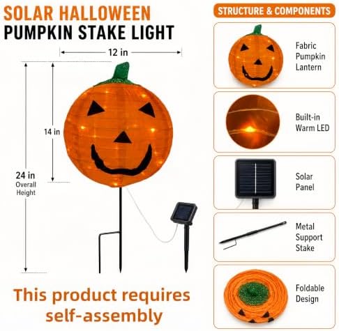 4Pack Solar Halloween Pumpkin Stake Light with 8 Lighting Modes, Fabric Lantern Yard Decor with Metal Stand, Foldable Pumpkin Garden Lights for Lawn, Patio, Pathway, and Halloween Party Decorations