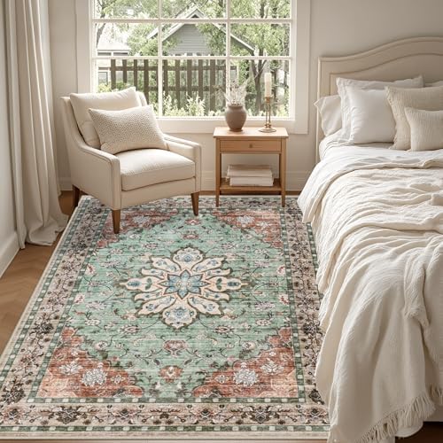 5x7 Area Rugs Living Room: Washable Rug for Bedroom Brown Green