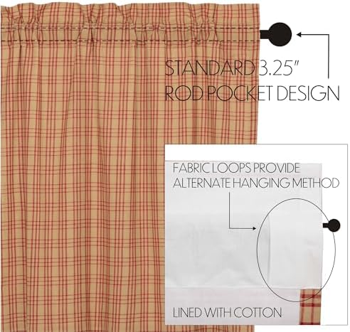 VHC Brands Sawyer Mill Plaid Cotton Farmhouse Kitchen Curtains Rod Pocket Hanging Loops 24 Inches Length, Tier Pair, Red