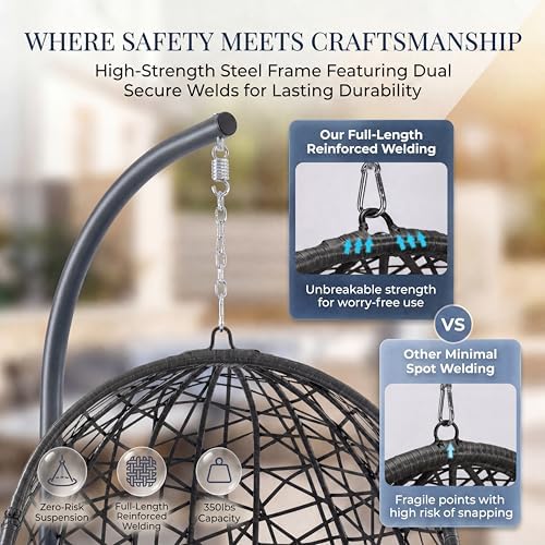 NICESOUL Oversized Patio Swing Egg Chair, Rattan Outdoor Indoor Hanging Egg Chair with Stand, Cozy Bird Cage Swinging Basket Chairs, 350 lbs Egg-Shape Padded Seat for Balcony Outside, Beige