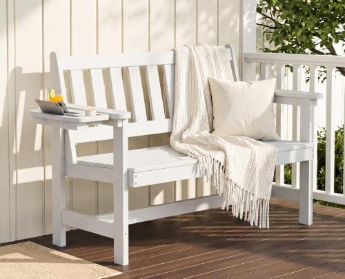 SERWALL HDPE Outdoor Bench with Foldable Cup Holder, 1 Pack, White