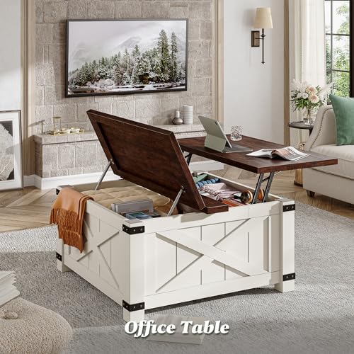 EnHomee Lift Top Coffee Table with Storage, 36" Farmhouse Coffee Tables for Living Room, Square Coffee Table with Large Hidden Space, for Living Room, Bedroom, Home Office, White