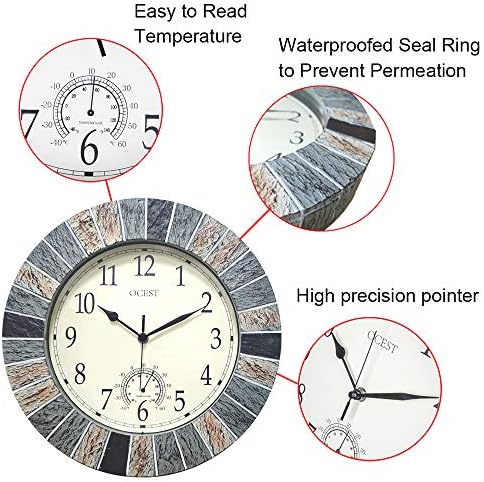 OCEST 13 Inch Waterproof Indoor Outdoor Wall Clock with Thermometer, Brown