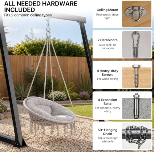 Athena Collection Hammock Chair with Hardware Kit & & Cozy Cushion, Gray