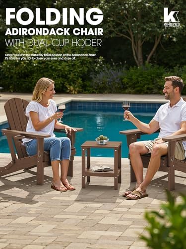 KINGYES Folding Adirondack Chair Set of 2 with 2 Cup Holders, Brown