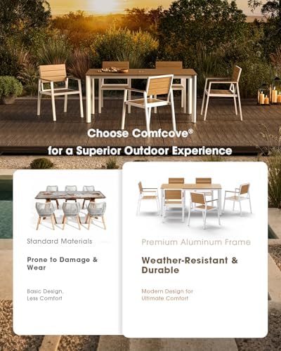 Outdoor Dining Set for 6, Aluminum Patio HDPS Outdooor Table and Chairs Set with Umbrella Hole, All Weather Patio Furniture Set, 7 Peice Patio Dining Table Set (White & Teak)