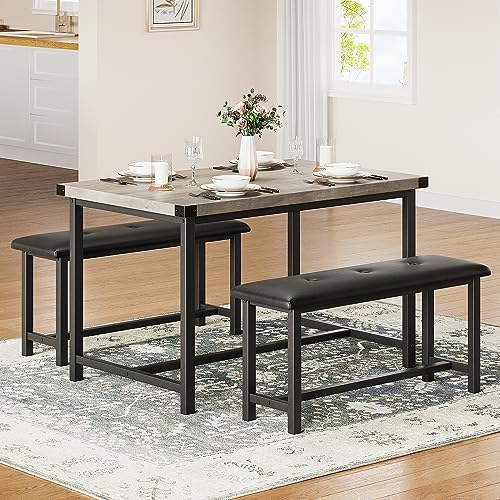 IDEALHOUSE Dining Table Set for 4, Kitchen Table with Upholstered Bench, 3 Piece Rectangular Dining Room Table Set with 2 Benches, for Small Space, Apartment, Studio, Home, Retro Gray