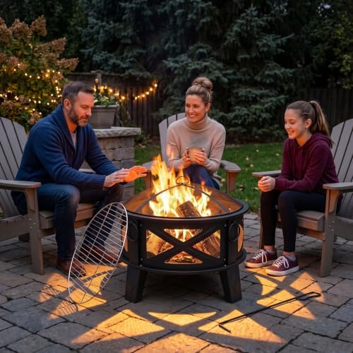 Fire Beauty 26" 2-in-1 Fire Pit with BBQ Grill, Spark Screen & Poker, Black