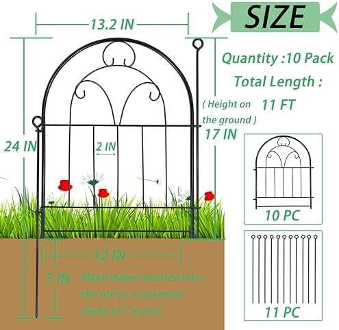 Decorative Garden Fence 17in(H) x 10ft(L), Rustproof Metal Animal Barrier