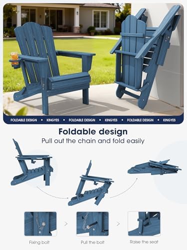 KINGYES Folding Adirondack Chair Set of 2 with Cup Holder, Navy
