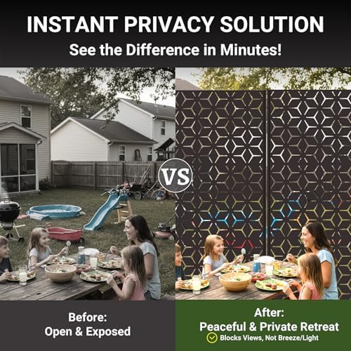 6FT Metal Privacy Screen Outdoor – Decorative Laser Cut Privacy Fence Panel for Patio, Deck & Garden, Rustproof Steel Privacy Divider, Modern Geometric Design, Freestanding Outdoor Privacy Screen