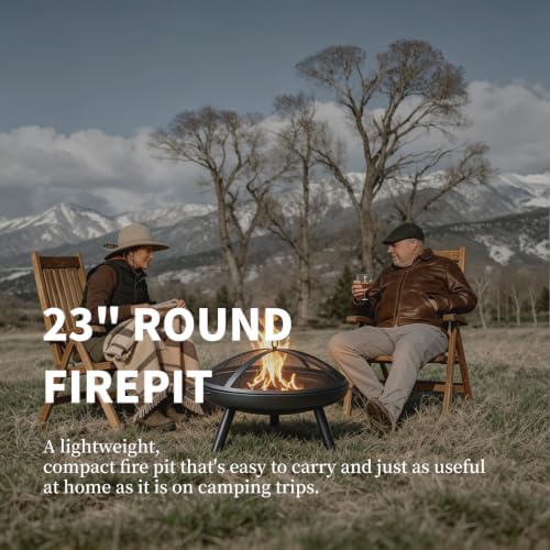 23inch Portable Fire Pit with Fire Poker and Spark Screen, 2 in 1 Small Round Outdoor Fireplace for Outside Heating, Bonfire Party, Camping, Backyard, Patio, Garden, RV Trip