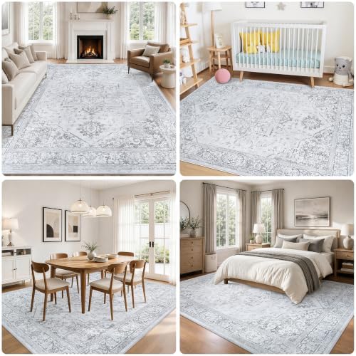 8x10 Washable Area Rugs for Living Room Grey Non-Slip Rug