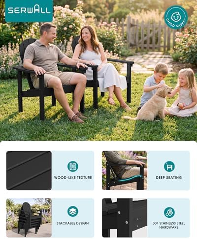 SERWALL HDPE Stackable Adirondack Chairs Set of 2,Space-Saving, Black