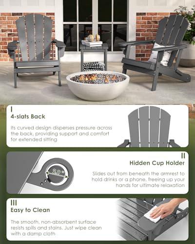GREENVINES Folding Adirondack Chairs Set of 2 w/Cup Holder, HDPE, Grey