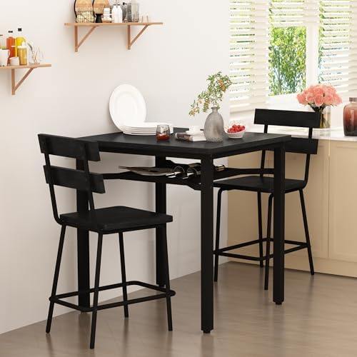 Hooseng 3 Piece Bar Table and Chairs Set, Counter Height Small Dining Table with 2 Bar Stools, Farmhouse Square Kitchen Table with Storage for Bistro, Pub, Small Space