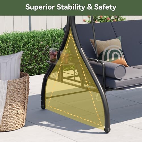 Aoxun Outdoor Porch Swing with Stand and Canopy, 3 Seats Outdoor Swings for Adults, Convertible 2 in 1 Swing Bed with Cup Holder, Patio Swings with Thicken Cushions for Garden, Yard & Balcony, Grey