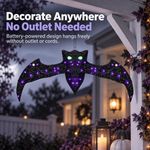 40.9 Inch Lighted Halloween Bat Decoration with Glowing Green Eyes and Purple...