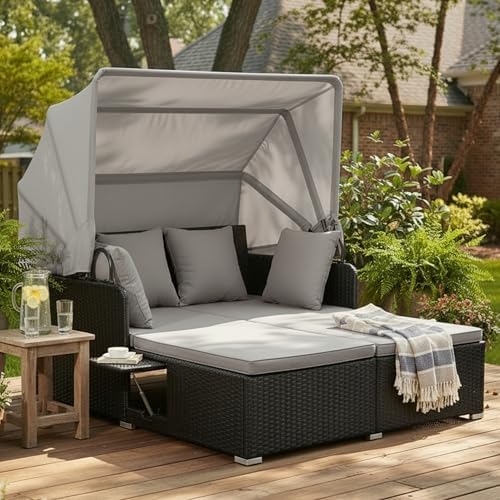 Tangkula Patio Rattan Daybed with Retractable Canopy, Outdoor Wicker Sunbed Lounger with 2 Foldable Side Tables, Thick Seat & Back Cushions, Outside Double Daybed for Garden, Backyard, Porch (Grey)