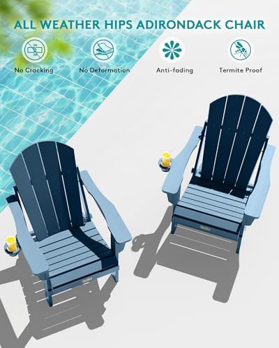 SERWALL Folding Adirondack Chair Set of 2 with Cup Holder for Fire Pit-Blue