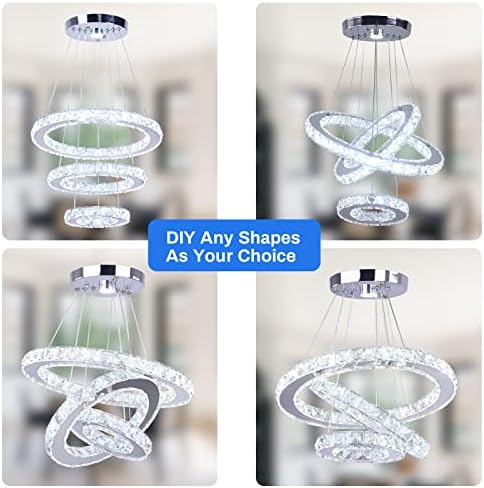3-Ring Crystal Pendant Light, Adjustable LED, Cool White