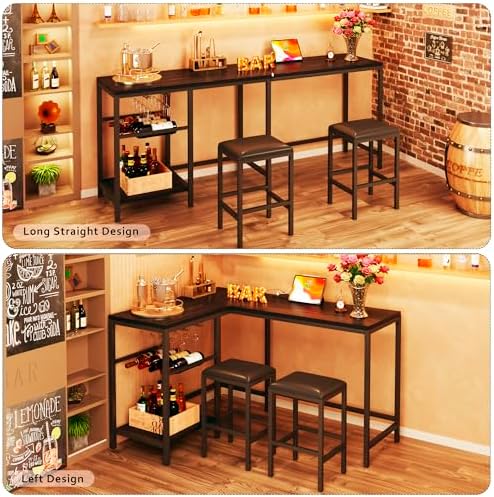 Bar Table and Chairs Set for 2-4, 3-Piece Convertible L-Shaped Dining Set with Storage Shelves & Cup Holder & Wine Rack, 63'' Corner Kitchen Table Set with 2 PU Cushion Stools & Power Outlets, Black